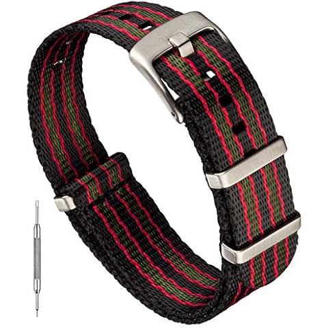 Benchmark Basics Seatbelt Nylon Watch Band - Premium Waterproof Ballistic Nylon One-Piece Watch Bands for Men & Women (22mm, Black/Red/Green Striped) Cover