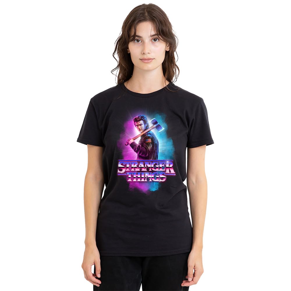 Stranger Things Womens Steve Harrington Metal Burst Ladies Shirt, Black, Black, M UK
