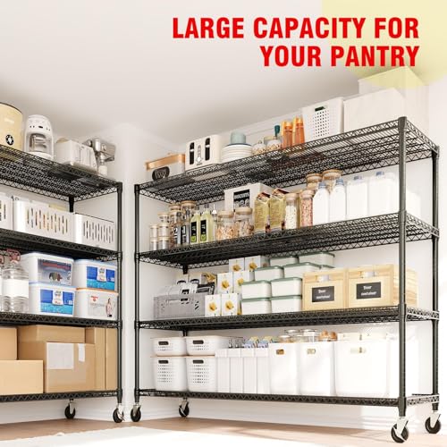 Image of GarveeTech 4-Tier Wire Storage Shelves with Wheels, 2640LBS Heavy Duty Metal Shelving Unit with Adjustable Storage Shelves for Home, Pantry & Warehouse, Easy Assembly, 73.8 inch H x 59W x 23.9 inch D