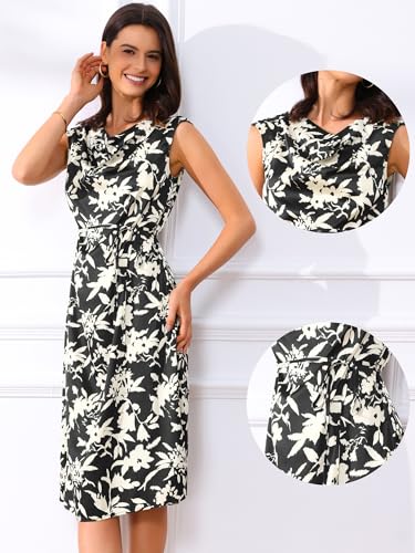 Image of Allegra K Elegant Floral Dress for Women's Vintage Cowl Neck Cap Sleeve Cocktail Tie Waist Shift Midi Dress