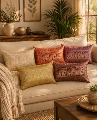 Image of Ravaiyaa - Attitude is everything Banarasi Brocade Silk Pillow Cover Elephant Design Cushion Pillow Sham Case Home Decorative Set of 2 Piece 12 inch X 20 inch Inch