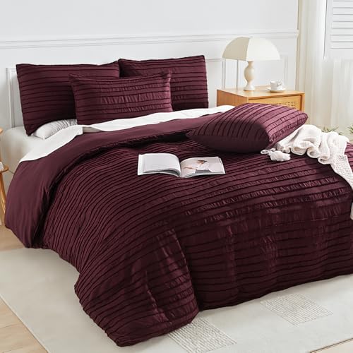 Image of NEXHOME PRO Duvet Cover,3 Pieces Boho Tufted Duvet Cover Set, Soft and Lightweight 100% Washed Microfiber Comforter Cover Set(Burgundy,104 x 98)-No Comforter