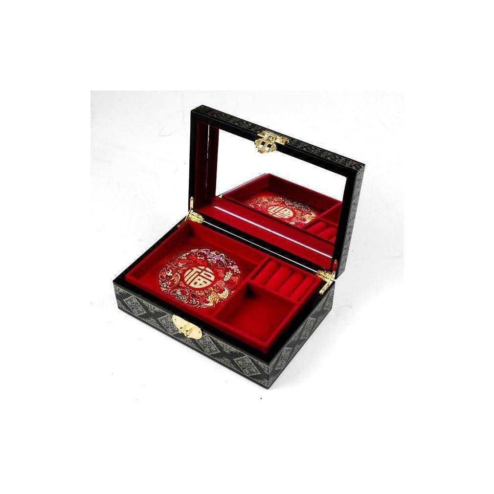Joyero Paisaje chino Pekín Beijing Caja de almacenamiento de joyas madera lacada Negro oro dorado Decoración asiática