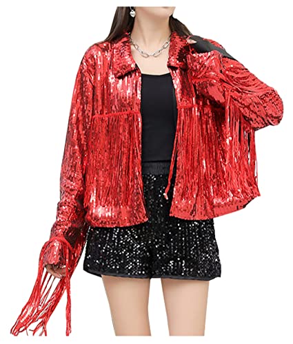 Image of LifeShe Women's Sequin Jacket With Tassel Open Front Cardigan Metallic Shiny Party Clubwear