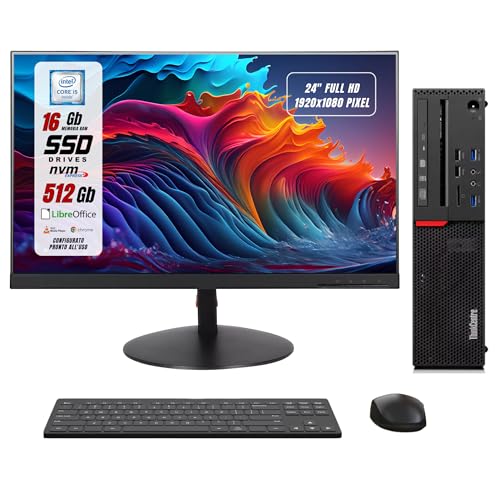 Lenovo Postazione Completa, Pc Desktop Intel i5-6500, Ram 16Gb SSD 512Gb, Monitor 24 FHD Libre Office, Compreso di Mouse e Tastiera (Ricondizionato)