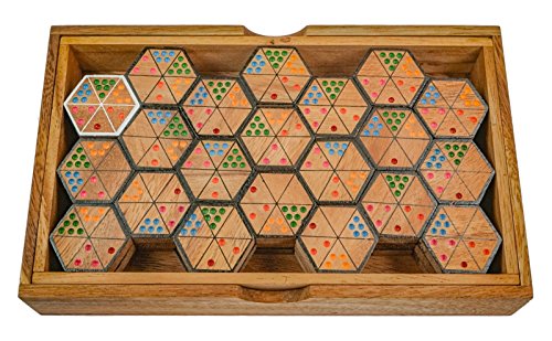 LOGOPLAY Hexadomino - Hexamino - Sechseck-Domino - Legespiel - Gesellschaftsspiel aus Holz mit 63 Spielsteinen