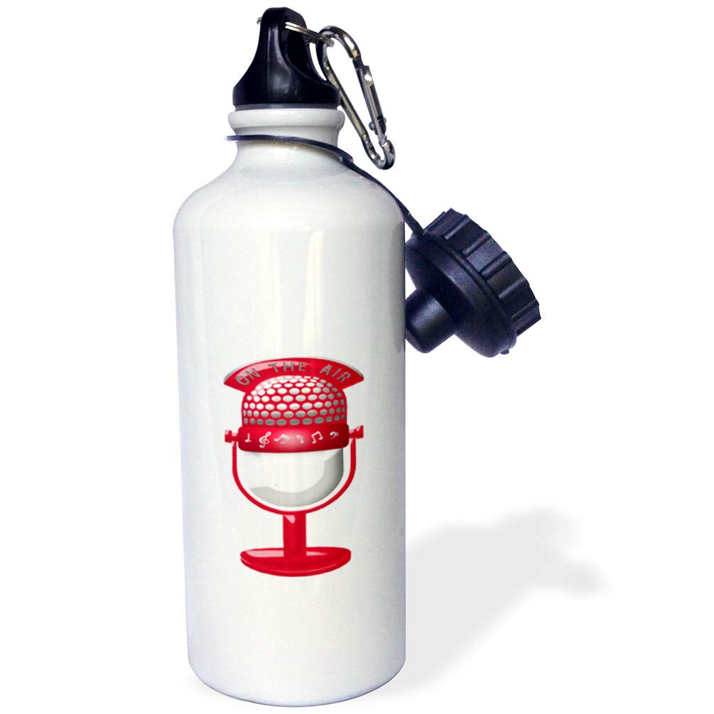 3dRose Vintage Microphone With Musical Notes And On The Air In Pink and Sports Water Bottle 21 oz