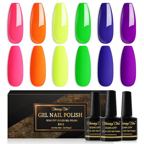 Shining She Esmalte Semipermanente Neon,Rosa Naranja Amarillo Verde Azul Morado,6 Colores Clásico Verano Kit Pintauñas Semipermanentes Uñas de Gel UV LED para Novato Nail Art,8ML