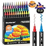 Shuttle Art Acrylstifte für Steine wasserfest, 48 Farben Steine bemalen Stifte Set, doppelköpfige Acrylmarker mit Pinsel & feine Spitze, Acryl Stifte für holz, Ostereier, Glas, Keramik, Leinwand