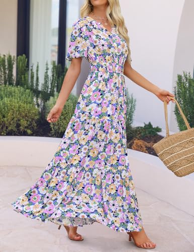 Image of ZESICA Women's 2026 Summer Spring Floral Boho Maxi Dresses Casual Short Sleeve V Neck A Line Flowy Beach Vacation Dress