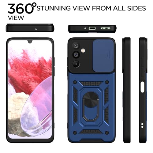 Image of Amazon Basics Back Cover for Samsung Galaxy M16 5G | 360 Protection Case | Sliding Camera Sheild Cover & Ring Holder Stand D10 Tough Armor Bumper Case (Blue)