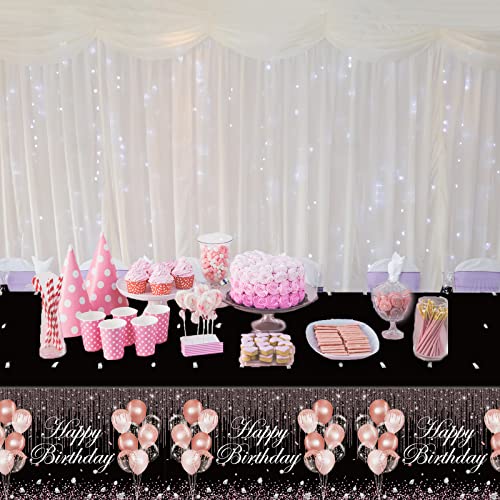 Image of 3pcs Black Rose Gold Birthday Tablecloths - Party Decorations With Pink Sequin Plastic Table Cover, Glitter Diamonds - Happy Birthday Supplies for Girl Women Wedding Party