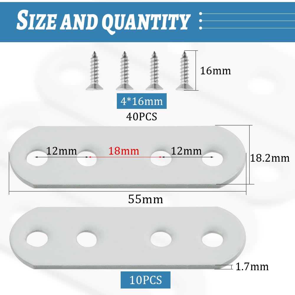 TOVOT 10PCS Flat Brackets Brackets with Screws Mending Plates 4 Holes Flat Brackets Straight Braces for Wood Furniture (55×18MM) - Image 2