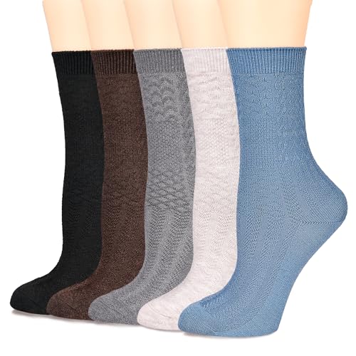 Image of Womens Crew Socks Soft Thick Comfort Casual Cotton Warm Knit Vintage Calf Winter Socks Gifts 5 Pack
