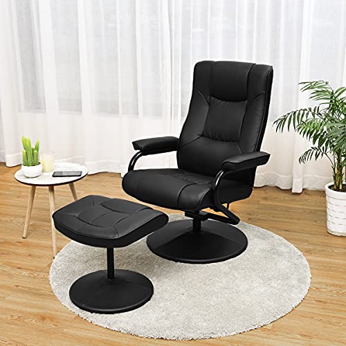 Giantex Recliner Chair W/Ottoman, 360 Degree Swivel Pu Leather Armchair W/Footrest, Leisure Lounge Chair W/Leather Wrapped Base, For Home Living Room, Black #TOP7