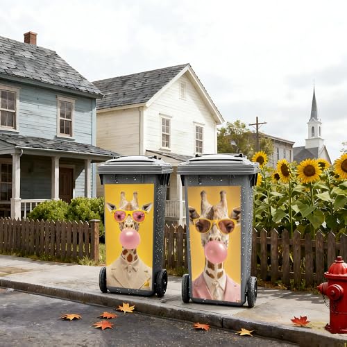 Image of 2 PC Trash Can Sticker 14.57 x 32.28 Inch Funny Giraffe Bubblegum Design Vinyl Sticker with Pink Suit Yellow Background and Sunglasses Pattern for Outdoor Garbage Bin Garden Yard Driveway Home Decor