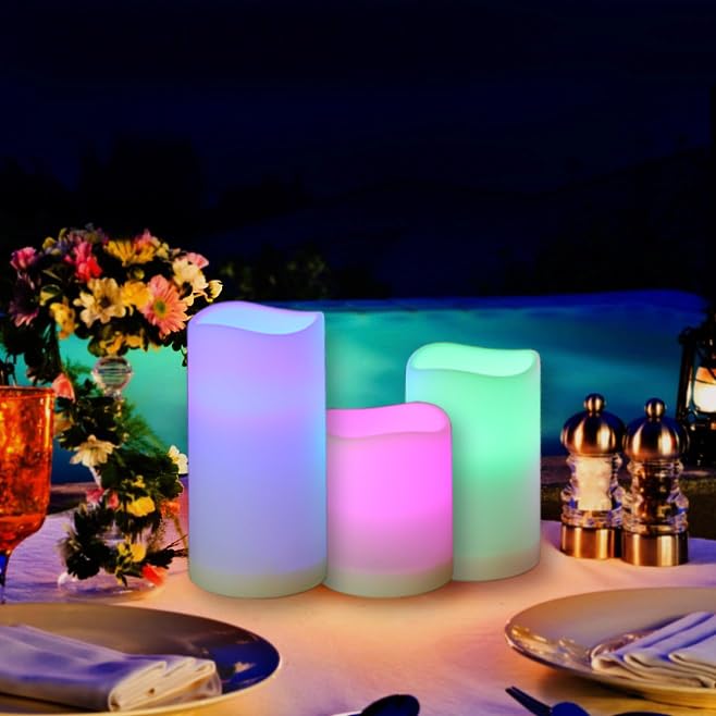 Image of Remote Control Rechargeable Flameless LED Candle Light, Outdoor /Indoor Color Changing Plastic Candle, 3 Pack