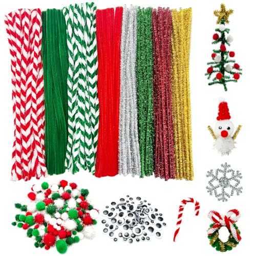 540 Pcs Christmas Pipe Cleaners Crafts Set Including 240 Pcs Pipe Cleaners for Crafts 200 Pcs Pom Poms 100 Pcs Self Adhesive Wiggle Googly Eyes for DIY Art and Craft Supplies