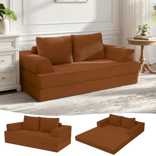 Image of COMAX Convertible Sofa Bed, Folding Floor Couch Corduroy Fold Out Couch Bed Futon Sleeper Mattress with Pillows, Boneless Sofa Comfy Lounge Loveseat for Living Room Bedroom, Orange