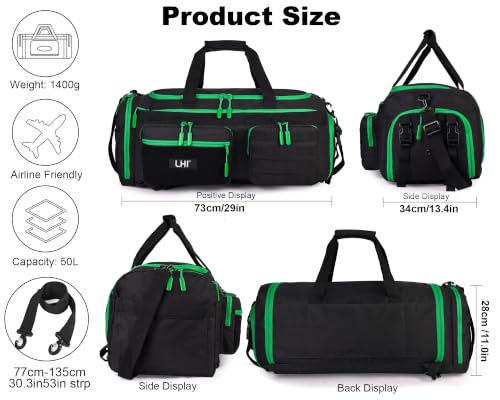 Image of LHI 50L Tactical Duffle Bag for Men, 3-in-1 Gym Duffle and Backpack, Shoe Compartment, Laptop Sleeve and MOLLE, Carry-On Travel Weekender and Overnight Bag - Black with green zippers