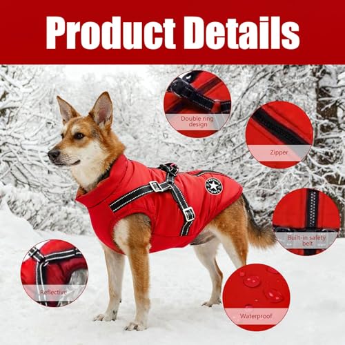 Hundejacke Winterweste Jacken, Hundejacke mit Geschirr, Hundemantel Wasserdicht, Warmer Hunde Wintermantel, Hunde Winterweste gefüttert, Maschinen Waschbarer, Wasserdicht (XL, Rot)