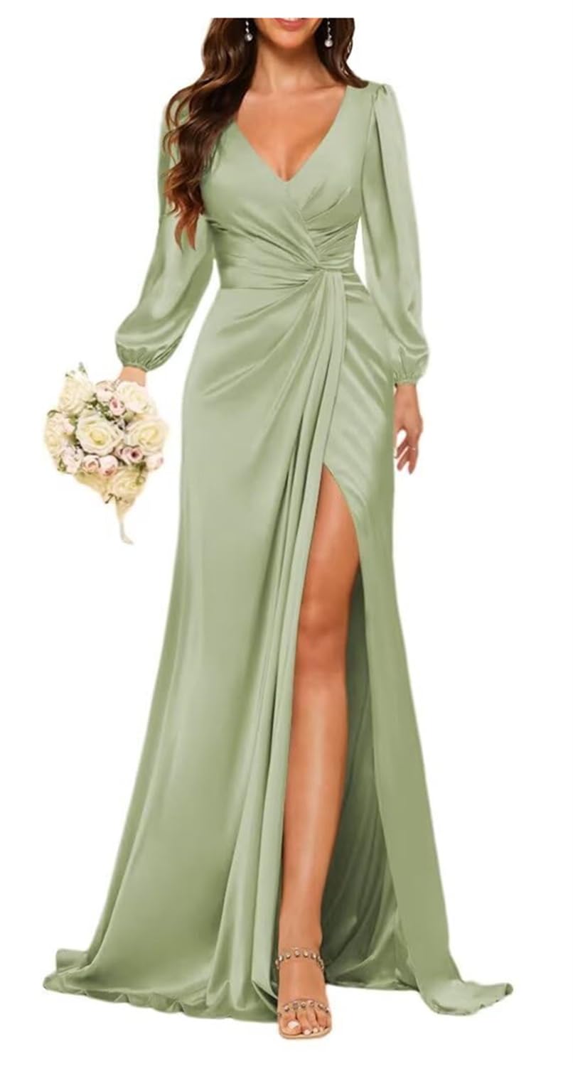 Yiann Women's Sage Green Long Sleeve Pleated Bridesmaid Dresses With Slit Evening Party Gowns Mermaid Maxi Dress For Wedding Uk14