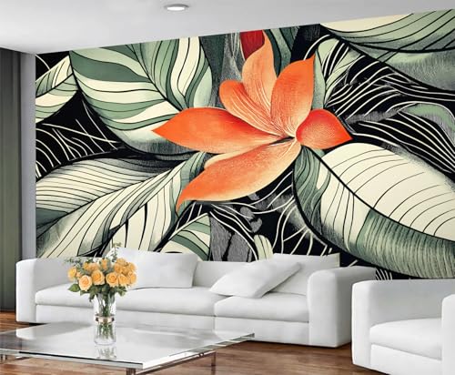 Image of GIVLWF Tropical Leaves Wallpaper for Living Room, Orange Flower Bedroom Wallpaper, Black and Green Wall Mural & Home Decor, Non-Self-Adhesive Modern Botanical Murals for Walls