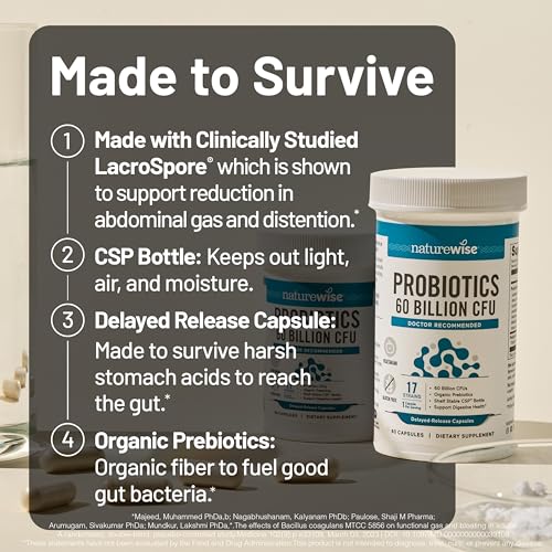 Image of NatureWise Probiotics 60 Billion CFU - 17 Strains + Organic Prebiotics - Immune, Digestive & Gut Health Support for Women & Men - Vegetarian, Gluten-Free, Non-GMO - 30 Capsules[1-Month Supply]