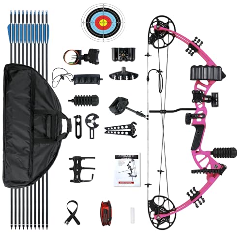 Compound Bow for Youth, Teenagers and Beginners 15-45LBS Draw Weight, Limbs Made in US, Ready to Shoot, Bow and Arrow Set with All The Archery Accessories (Pink, Full Accessories, Right Hand)