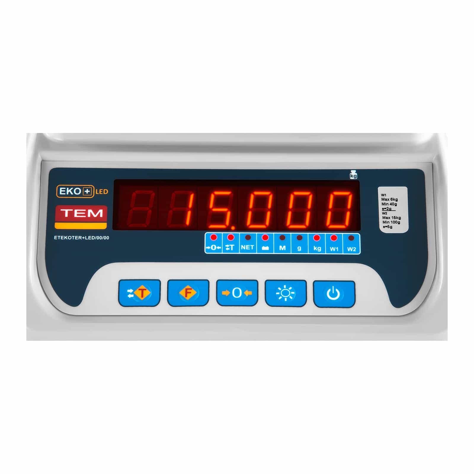 TEM Tischwaage Marktwaage Kontrollwaage digitale Waage TEKO+LED15T-PLS-B1 (kalibriert, geeicht, 6 kg/15 kg, 2g/5 g, LED-Display, Akku bis 40 h Betrieb, versch. Funktionen)