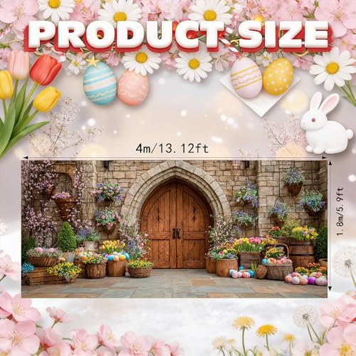 Image of Spring Castle Door Garage Cover 157x70 inch Floral Baskets Colorful Eggs Stone Arch European Outdoor Mural Banner Waterproof Home Decor