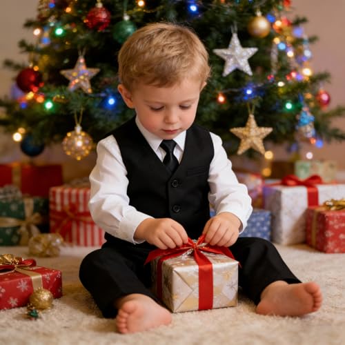 Image of Baby Boy Formal Suit for Toddler Infant Tuxedo Dress Suits | Little Gentleman, Wedding Ring Bearer Outfit, Vest Pants Long-Sleeve Shirt Tie, Birthday Party Christmas Prom, Classic