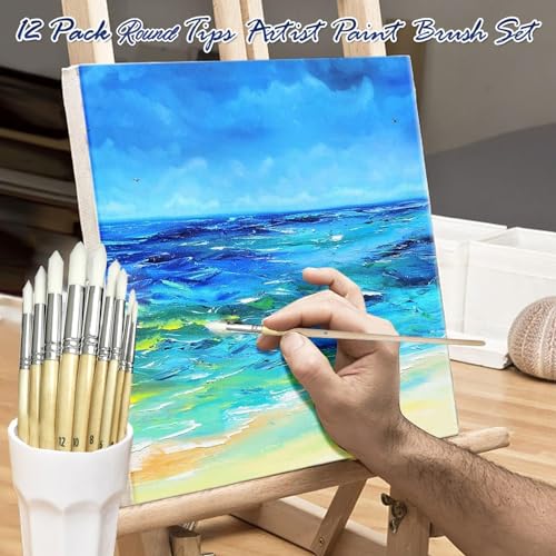 Artkey PAINT BRUSHES 12 Round Tips Paint Brushes Set, 12-Pack Professional Nylon Hair Paint Brushes Long Birchwood Handle Paint Brush For Acrylic Oil Watercolor Gouache Tempera Canvas Face Nail Art Painting Supplies thumb #6