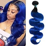 SEXAYHAIR Bule Bundles 16Inch Brazilian 100% Human Hair 1b/Blue 1 Bundle Body Wave, 2 Tone Blue Ombre Virgin Hair 1Bundles Human Hair for Women(16inch blue)