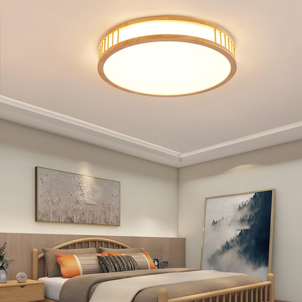 Okrągła Drewniana Lampy Sufitowa LED, Japoński Plafon z Ażurowymi Listwami Oświetlenie Sufitowe Ściemniane do Sypialni Salonu(3 modes,60cm/23.62in)