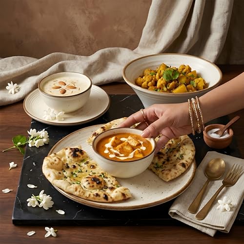 Image of Miah Decor Ceramic Dinner Set - 14-Piece Handmade Stoneware | 4 Bowls, 4 Quarter Plates, 4 Dinner Plates & 2 Serving Bowls | Off White Ribbed Matte Finish | Microwave & Dishwasher Safe | Ideal Gift