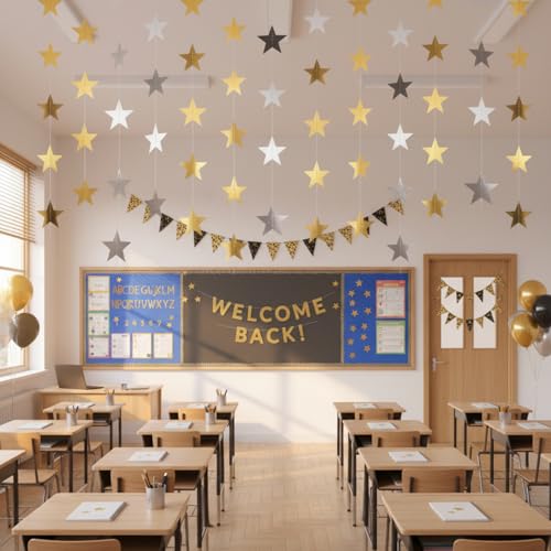 Image of Patelai Glitter Star Garland Banner 2026 Party Decoration Double Side Star Hanging String Streamer Paper Twinkle for Graduation Wedding Birthday(Gold and Silver,130 Feet)