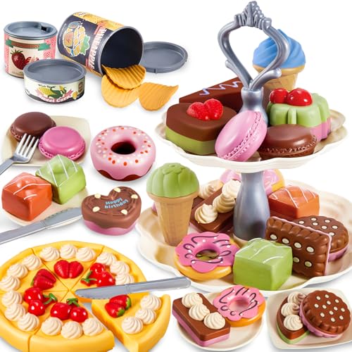 LINFUN KIDS Postres Juguetes, Comida Juguetes Niños con Tartas Donut, Desmontable Alimentos Juguete Cortar, Juegos de Simulación Regalos para Niños Niñas 3 4 5 Años