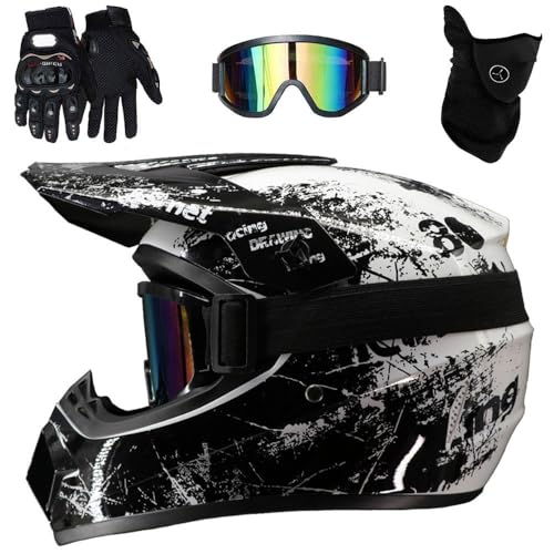 Motocross-Helm, Youth Kid DOT Integralhelm für Offroad-Sportmotorräder, Unisex-Downhill-MTB-ATV-Dirtbike-Helm, mit Schutzbrille, Maske und Handschuhen(Style 8,M(54-55cm))
