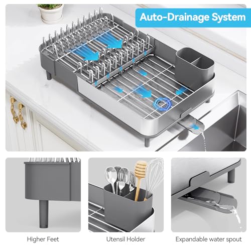 Image of Urackify Dish Drying Rack - Dish Drainer for Kitchen Counter, Stainless Steel Dish Rack with Swivel Draining Spout & Drain Board, Expandable Space-Saving Kitchen Dish Organizer for 3-4 People, Grey