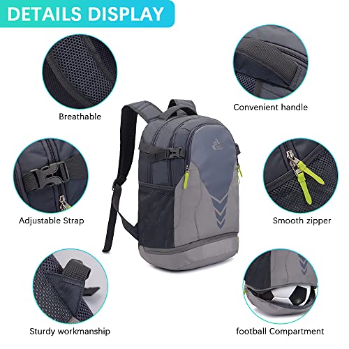 35L Basketball Backpack with Bottom Ball Compartment Large Capacity Sports Equipment Bag for Youth Boys Girls Fit Basketball Volleyball Football Soccer Ball, Gym, Outdoor, Travel, Team (Light Gray) - Image 3