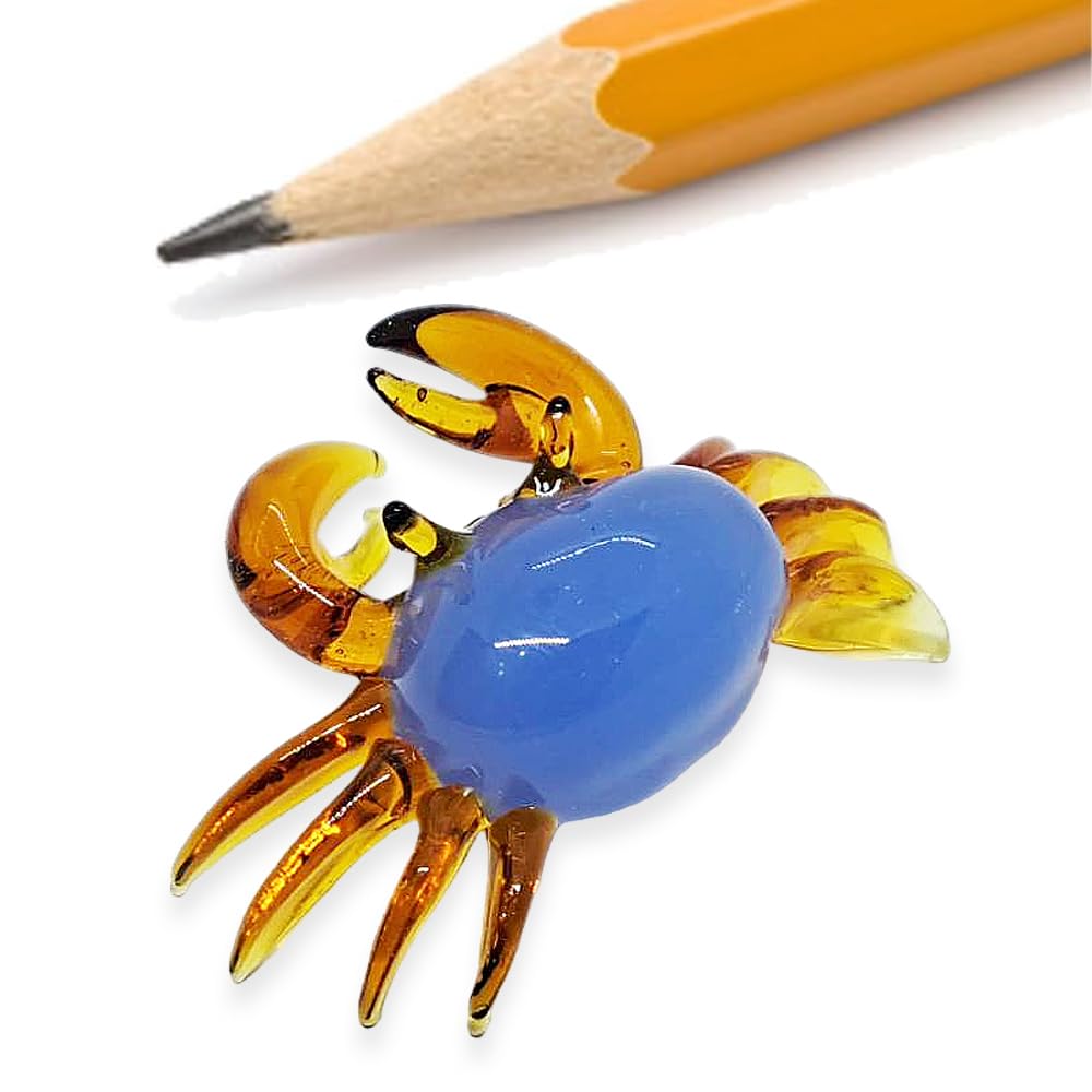 WitnyStore Tiny 1½" Long Blue Brown Crab Figurine - Miniature Hand Blown Glass Crabs Animals Colorful Marine Sea Life Ocean Crustacean Small Crystal Decorative Collectible Figurines Home Décor Gifts