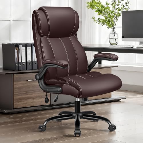Image of BESTFAIR Ergonomic High Back Office Chair, Adjustable Lumbar, Coffee 2 Pack | Inflatable Lumbar Support For Custom Comfort, Flip-Up Arms, 21 inch Wide Seat, Scratch-Resistant Pu Leather, Rocking & Heavy-Duty