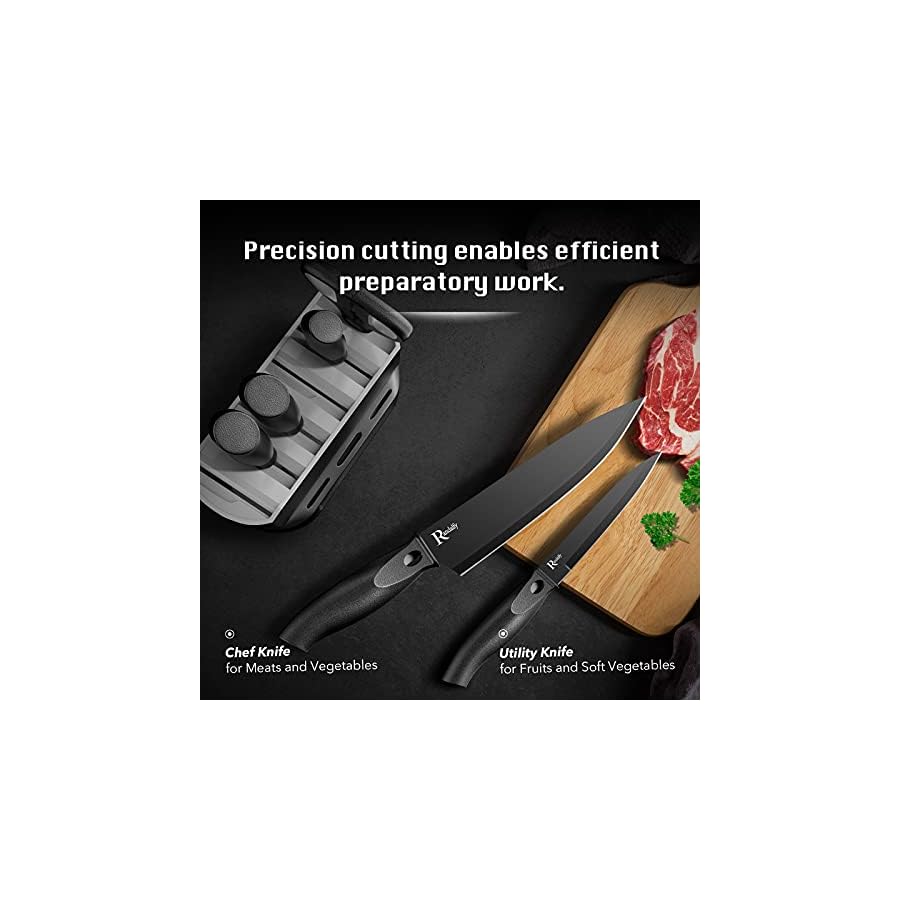 Randalfy Kitchen Knife Set with Block, 7 Pieces Chef Knives, Scissor, for Meat/Vegetables/Fruits Chopping, Slicing, Dicing&Cutting