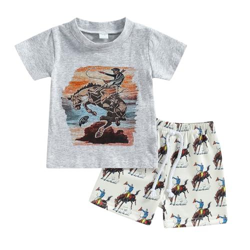 Image of Western Baby Boy Clothes Highland Cow Farm Print T-shirt Casual Shorts Toddler Summer Country Cowboy Clothes Outfit