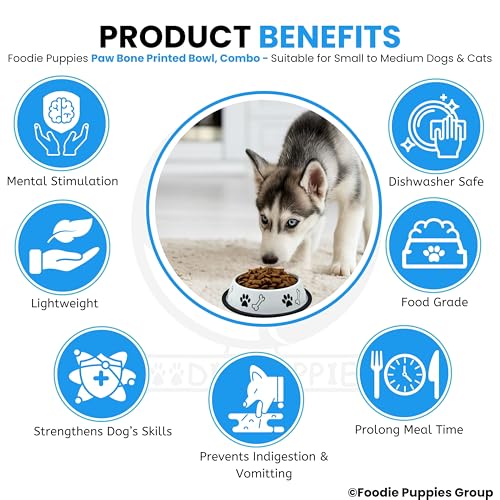Image of Foodie Puppies Stainless Steel Dog Bowl Combo - (Medium, 700ml) Food and Water Feeding Gift Bowl | Suitable for Dogs, Cats and Other Pets I Paw Bone Print, Anti-Skid Rubber Base (White + Sky Blue)