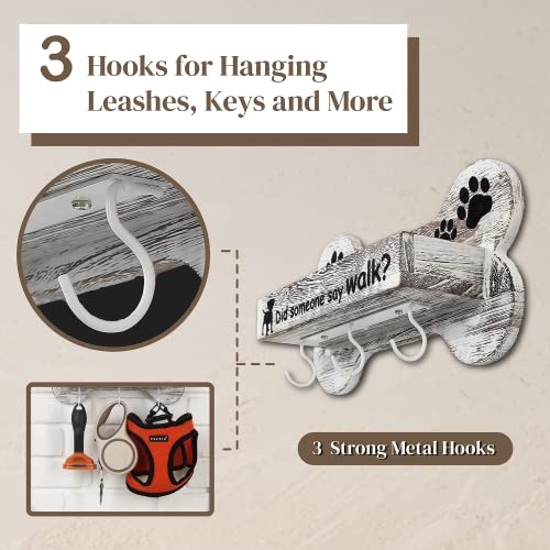 J JACKCUBE DESIGN Rustic White Bone Shape Wall Mounted Dog Leash Holder with 3 Key Holder Hooks and Extra Storage Compartment Box Shelf for Pet Treats, Accessories and more - MK679A - Image 4