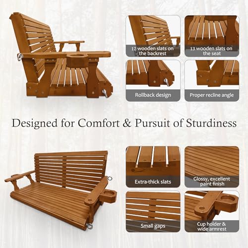 Image of Fortune Candy Wooden Porch Swing, Cedar Tone, 4.5 FT Extra Large