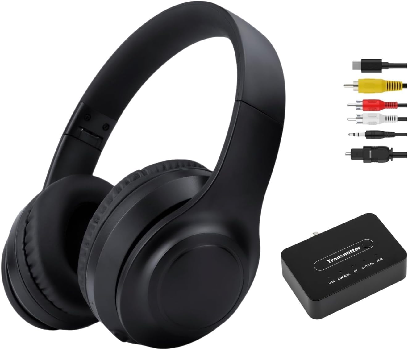 Cuffie TV Wireless con ANC Ibrido per Anziani, Trasmettitore 5-in-1 (Ottico/Coassiale/RCA/USB/AUX), Nessun Ritardo Audio, Voce Chiara, Compatibili con TV/PC