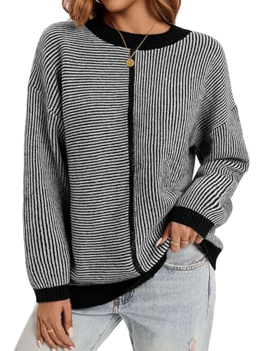 Saodimallsu Womens Striped Sweaters Oversized Winter Crew Neck Long Sleeve Ribbed Knit Trendy Pullover Tops4